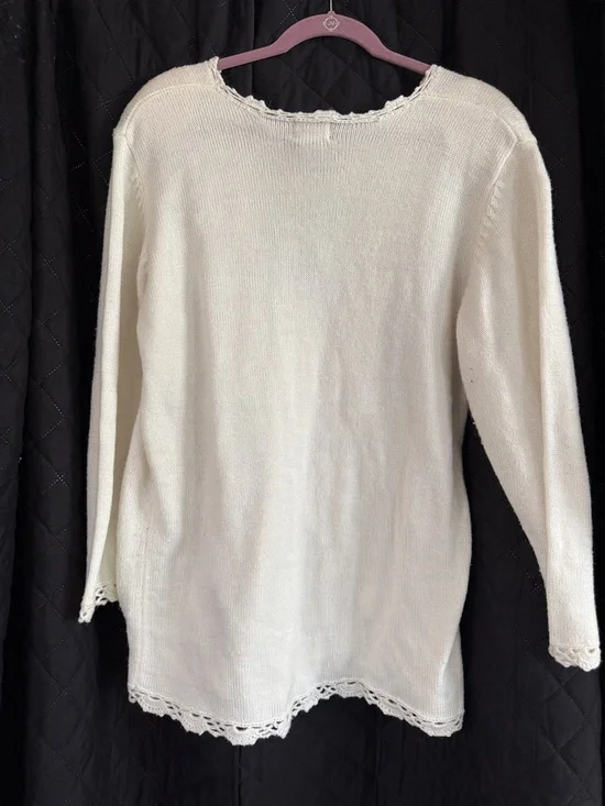 Vintage 80s/90s Koret Ivory Sweater 3D Floral Pearl Bead Embroidery Sz M - Picture 9 of 12